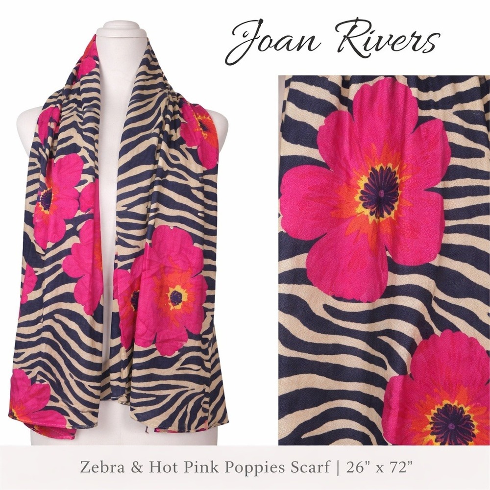 Joan Rivers Zebra Hot Pink Poppies Floral Scarf Animal Print Oblong 26x72 Wrap